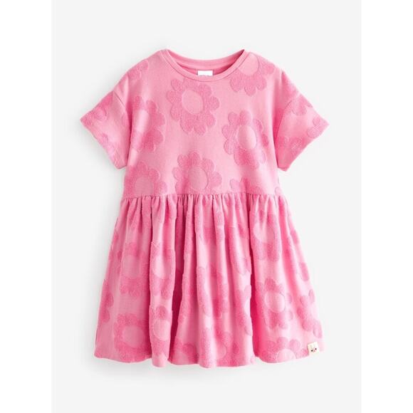 $20 Next Girls Bright Pink Terry Flower Dress - 5-6 years - Picture 1 of 7